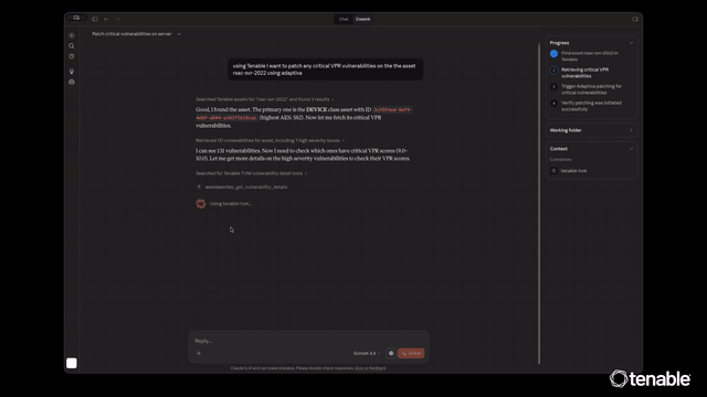 Video explaining how simple prompt in Claude triggers a custom Tenable Hexa AI agent to carry out the command