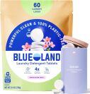 Bag of Blueland laundry detergent tablets beside metal tin filled with tablets