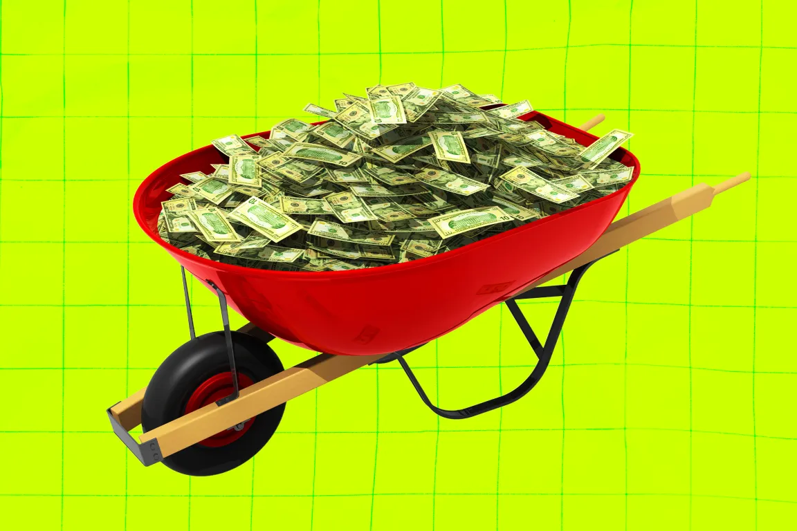 A red wheelbarrow filled with numerous U.S. dollar bills, set against a bright yellow-green background with a subtle grid pattern.