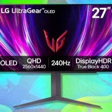 LG 27-inch UltraGear OLED gaming monitor (27GS93QE) on a green and blue background