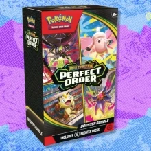 The Pokémon TCG: Mega Evolution—Perfect Order Booster Bundle on a blue and purple background