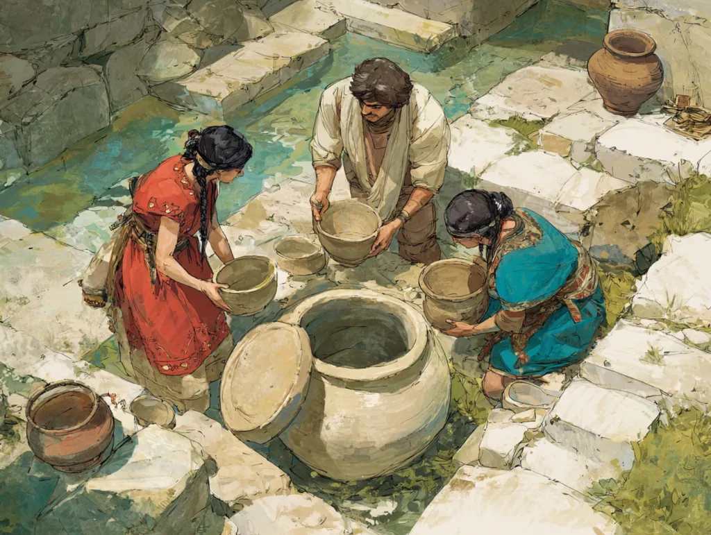 Tres personas con cuencos y vasijas cerámicas