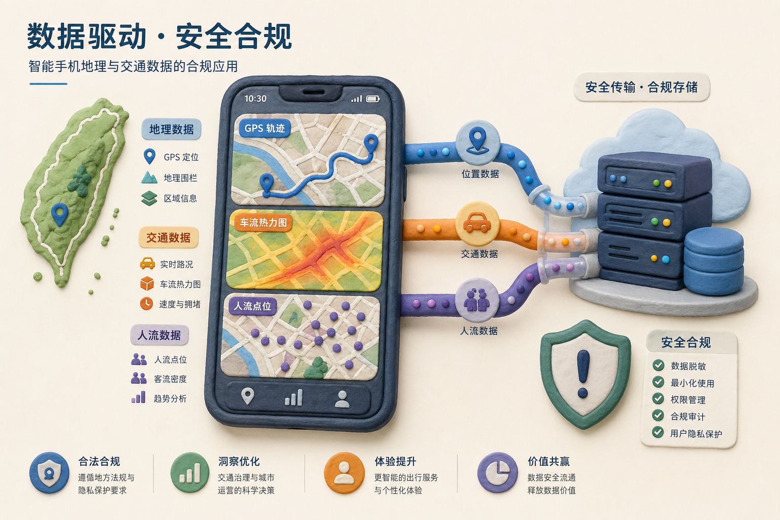 一部手机把 GPS 轨迹、车流热力和人流点位传向远端服务器,旁边有台湾岛轮廓、盾牌警示符号和数据管道,浅色背景的商业评论版橡皮泥平面信息图的统一风格。