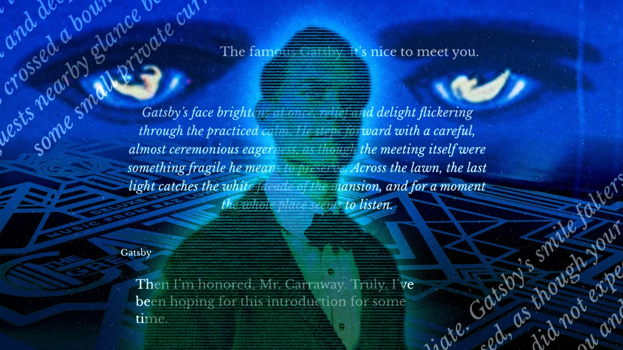 A collage featuring the "Eyes of Doctor T. J. Eckleburg," Tobey Maguire, and a variety of Character.AI screenshots overlaid on each other.