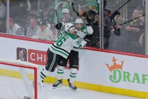 SAINT PAUL, MN - APRIL 23: Dallas Stars center Wyatt Johnston (53) celebrates with Dallas Stars right wing Mikko Rantanen (96) after scoring during the Dallas Stars versus Minnesota Wild game three Stanley Cup Playoffs First Round game on April 23rd, 2026, at Grand Casino Arena in St. Paul, MN. (Photo by Bailey Hillesheim/Icon Sportswire via Getty Images)