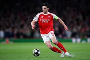 LONDON, ENGLAND - APRIL 15: Declan Rice of Arsenal on the ball during the UEFA Champions League 2025/26 Quarter-Final Second Leg match between Arsenal FC and Sporting Clube de Portugal at Arsenal Stadium on April 15, 2026 in London, England. (Photo by Ed Sykes/Sportsphoto/Allstar via Getty Images)