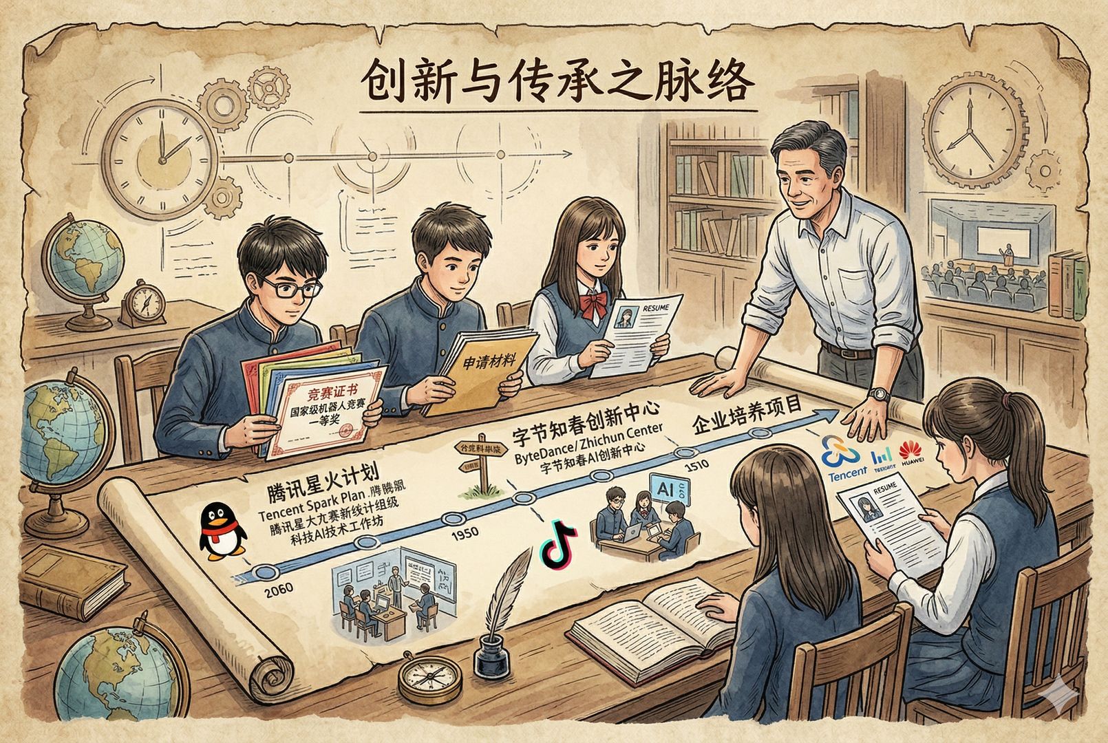 一张长桌上铺开时间线卷轴,腾讯星火计划、字节知春创新中心、企业培养项目等节点被依次标注,几位中学生在企业导师注视下翻看竞赛证书与申请材料,像历史脉络一样展开,羊皮纸,钢笔彩色手绘的统一风格。