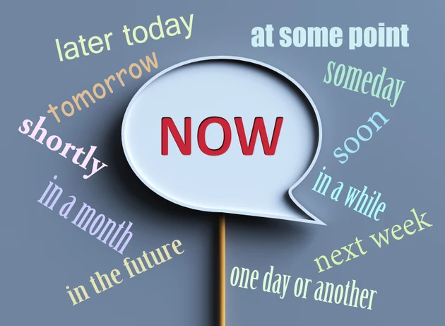 ""Now"" word on holding speech bubble