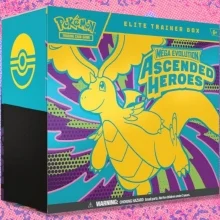 The Pokémon TCG: Mega Evolution — Ascended Heroes Elite Trainer Box on a red and purple background