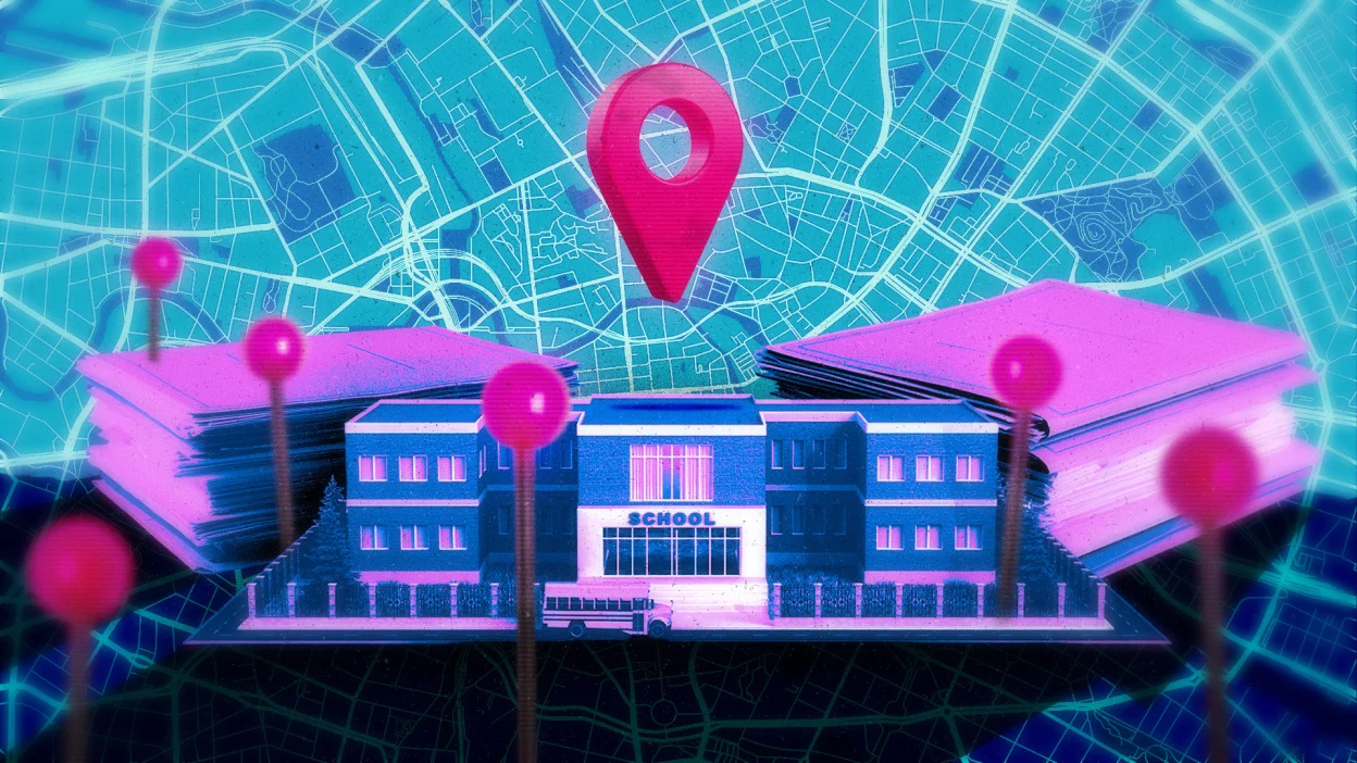 pop art illustration of school and map