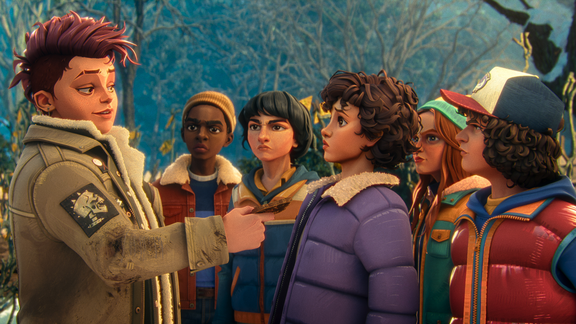 Nikki pointing at Eleven as Lucas, Mike, Max, and Dustin watch on in Stranger Things: Tales From 85