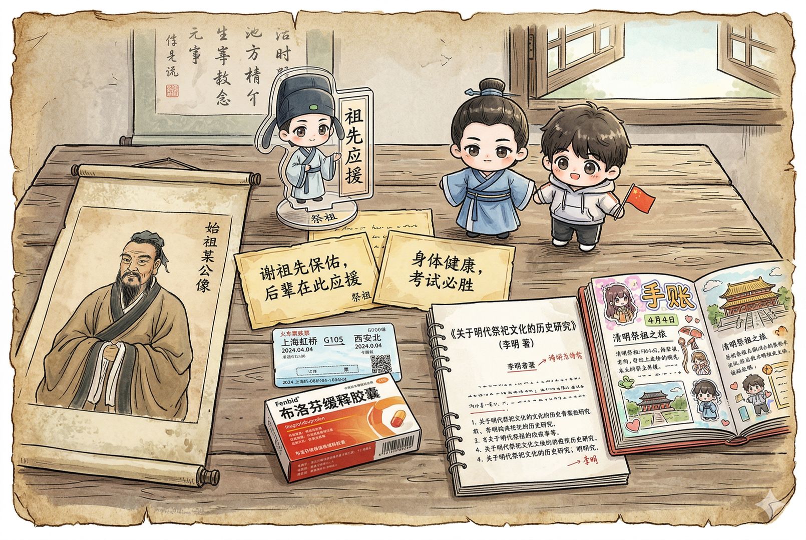 一张木桌上整齐摊开祭祖应援物料:亚克力立牌、手写留言卡、小玩偶、高铁票、布洛芬盒、论文打印本,旁边放着历史人物画像和二次元风手账,形成古今混搭的视觉冲突,羊皮纸,钢笔彩色手绘的统一风格。