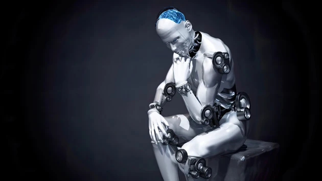 Video of an Android Sitting on the Data Server Posed Similar to Famous Thinking Man Statue. Artificial Intelligence Concept