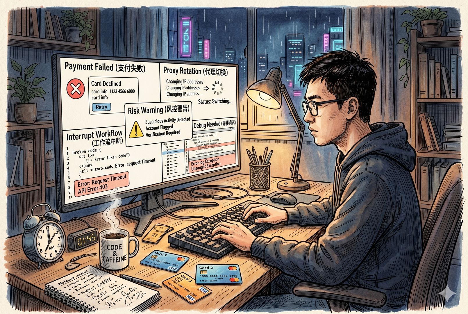 一位中国开发者坐在深夜书桌前,屏幕分成支付失败、代理切换、风控警告、代码工作流中断五个小画面,桌上有咖啡、闹钟和多张虚拟卡,钢笔彩色手绘的统一风格。