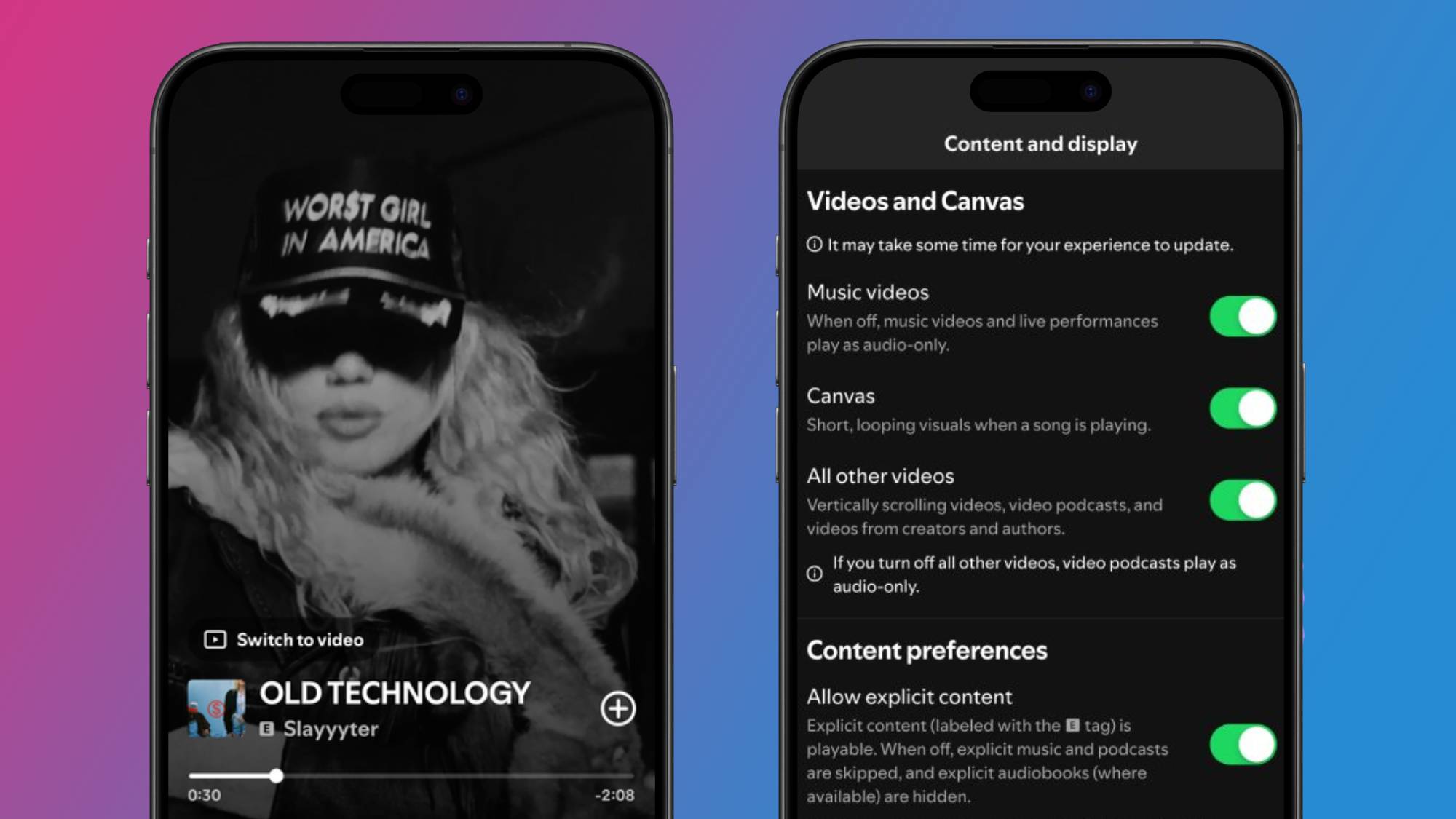 Two iPhones showing the Spotify playback screen and new video controls 