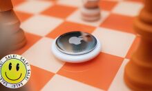 apple airtag on orange checker board