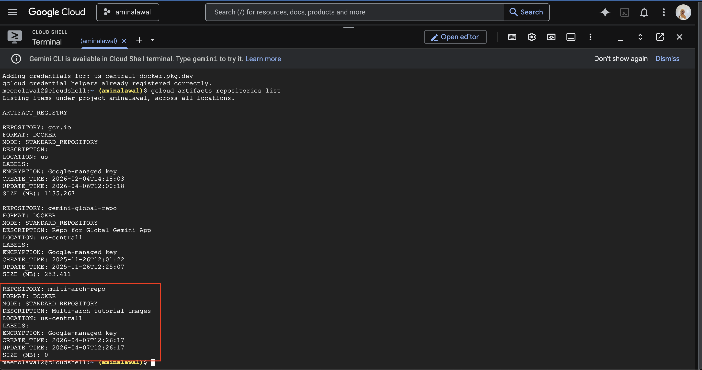 Terminal output of the gcloud artifacts repositories list command, showing a row for multi-arch-repo with format DOCKER, location us-central1