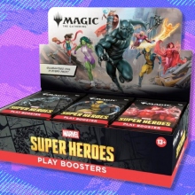 The Magic: The Gathering Marvel Super Heroes Play Booster Box on a purple background