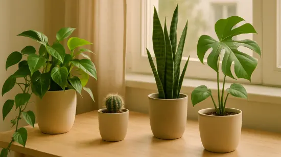 Varias plantas de interior en macetas sobre una mesa junto a una ventana con luz suave.