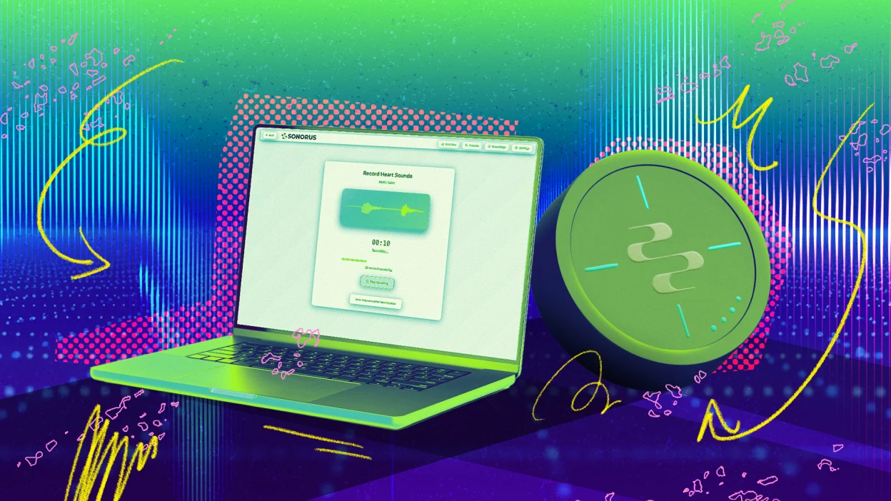 An illustrated photo composite of the Sonorus device and its software running on a laptop.
