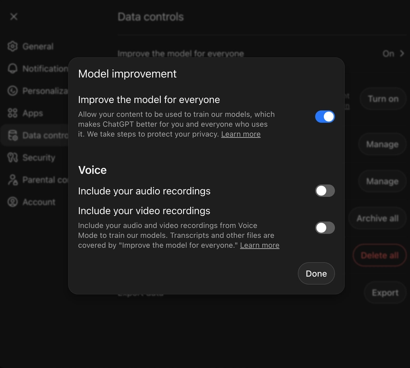 A screenshot of ChatGPT's Data Controls settings showing the Improve the model for everyone toggle switched off