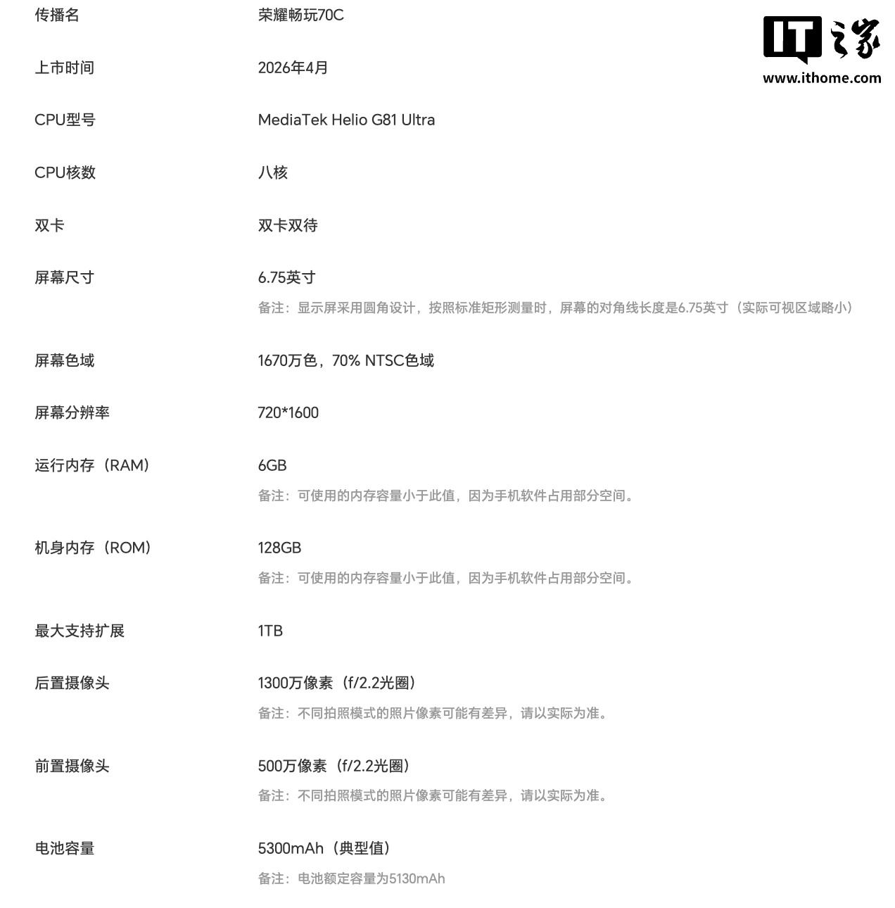 荣耀畅玩 70C 手机上架:联发科 Helio G81 Ultra,可选 4/6GB RAM,799 元起