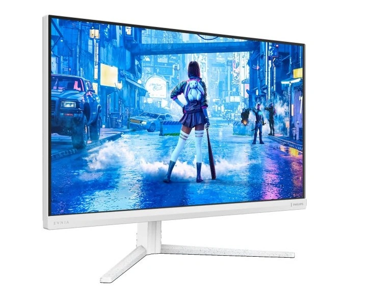 飞利浦发布 27M2N5201P 游戏显示器:原生 240Hz 高刷、1ms 响应 A Philips Evnia monitor displaying a scene from a futuristic city with a character holding a bat in the foreground.