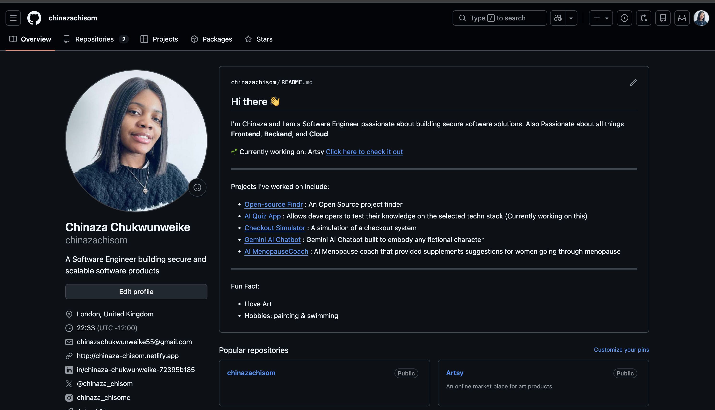 Github Profile Showing the Newly Added README file