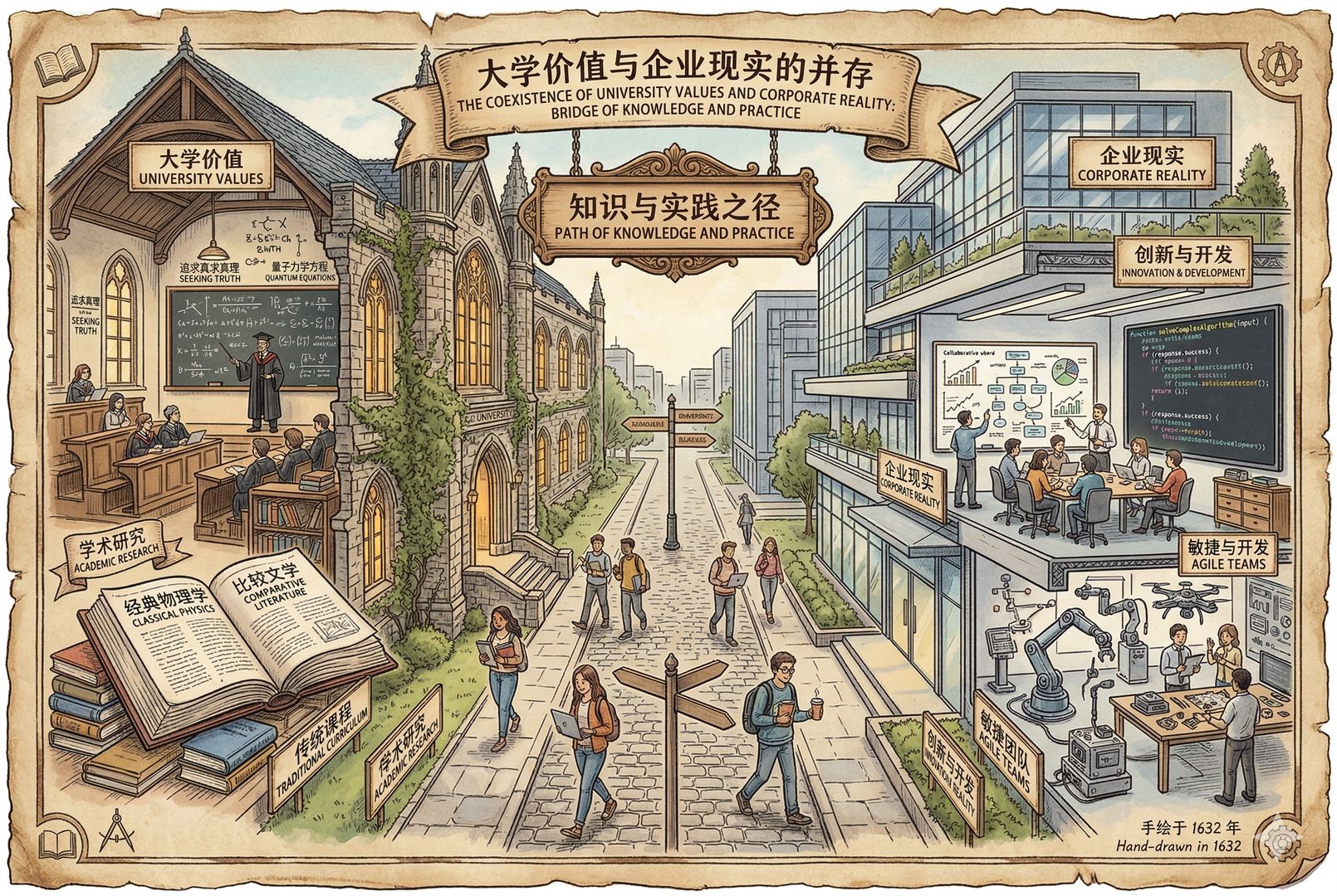 一座老式大学教学楼与现代企业研发楼并列而立,中间有学生穿行其间,一边是厚重教材和课堂黑板,另一边是协作白板与代码屏幕,象征大学价值与企业现实的并存,羊皮纸,钢笔彩色手绘的统一风格。