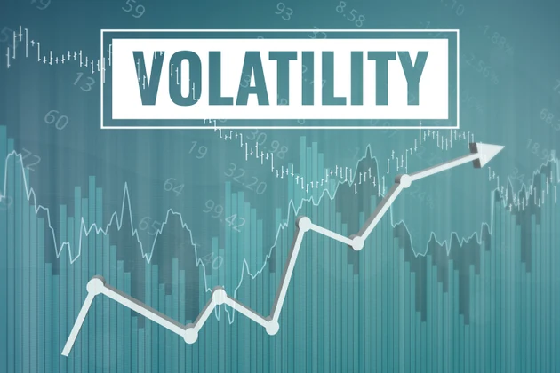 Financial term Volatility payrolls on blue finance background from graphs, charts, columns, bars, numbers. Trend Up and Down. 3D render