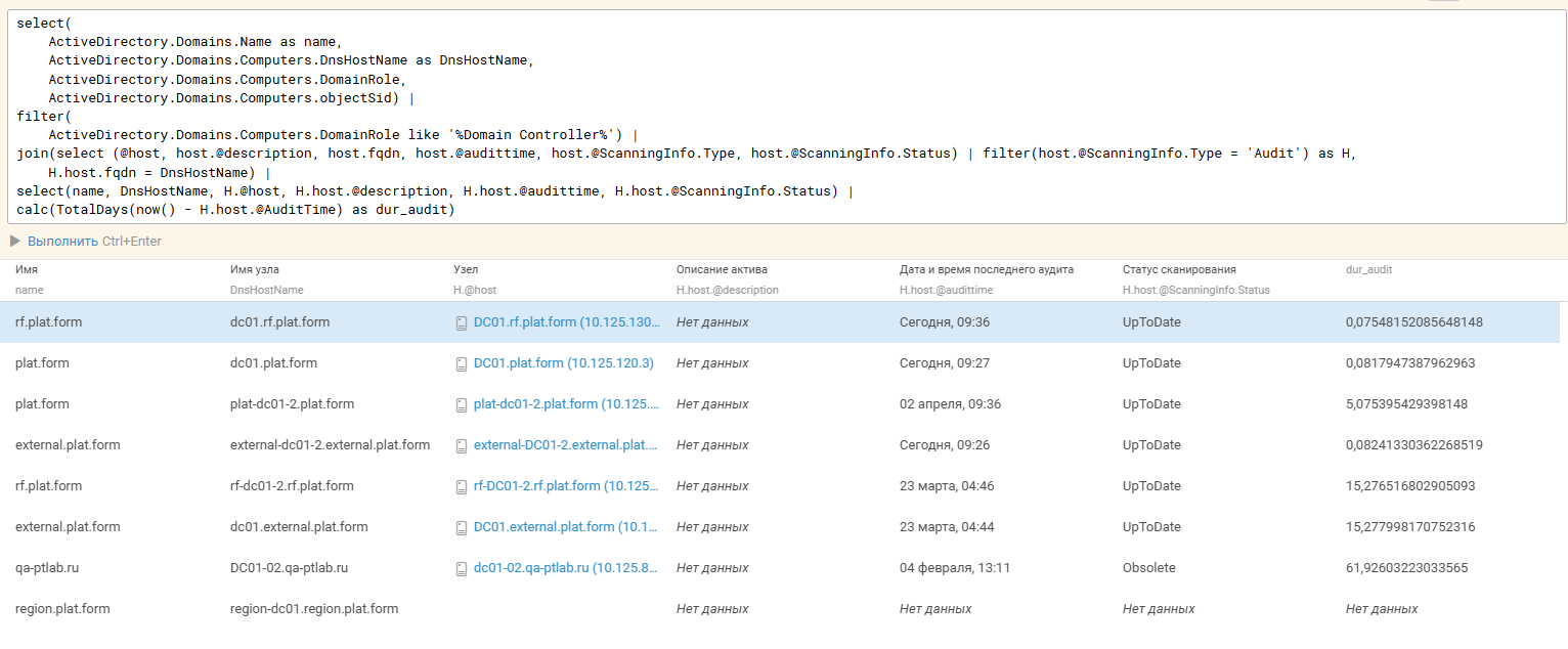 Результат сопоставления данных из Active Directory с активами в MaxPatrol VM. Результат сопоставления данных из Active Directory с активами в MaxPatrol VM.
