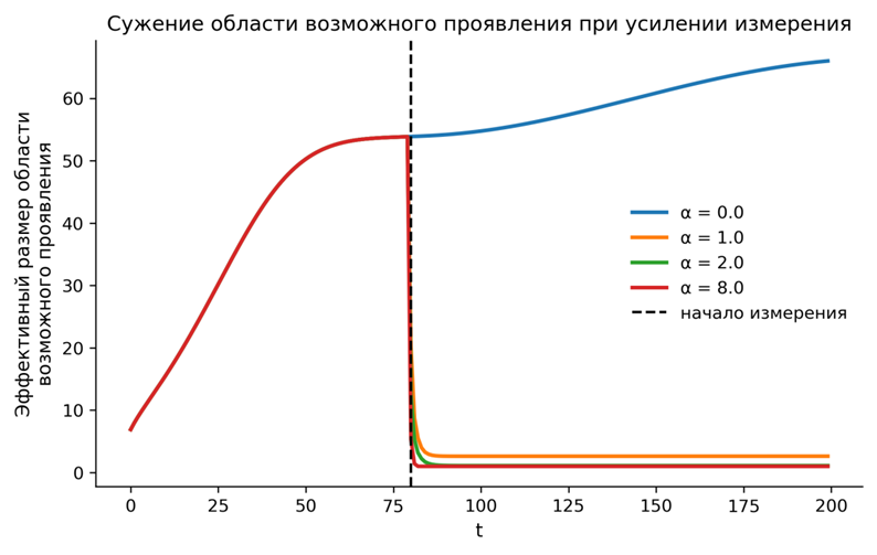Рис. 1. Эффективный размер области возможного проявления при разных значениях параметра измерения α. При увеличении α область возможного проявления резко сужается после начала измерения, что соответствует переходу от распределённой структуры к единичному феноменальному факту.