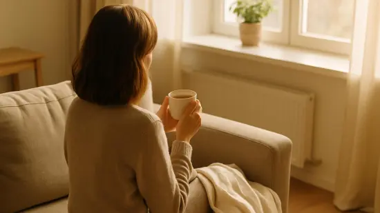 Mujer adulta descansando en el salón con una taza de infusión en un ambiente luminoso y tranquilo.