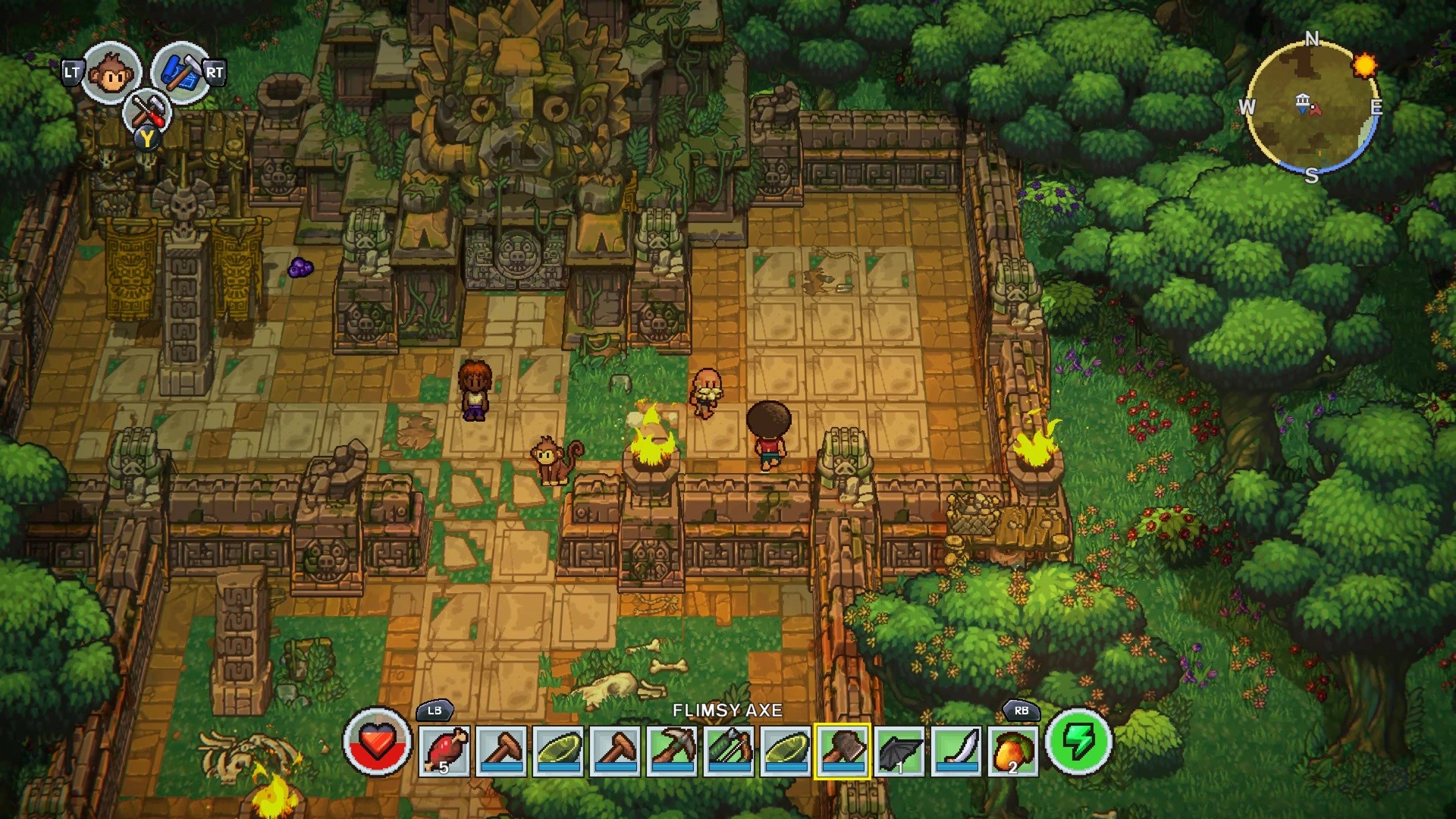 Pixel art video game scene of three characters at an ancient, jungle-covered temple with statues and torches, surrounded by dense green forest.