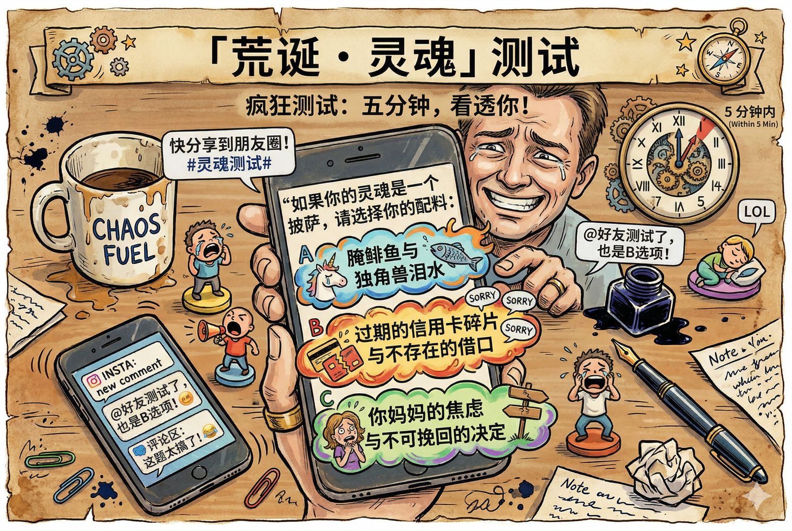 手机屏幕上一道荒诞测试题正在被作答,三个选项字样夸张漂浮,操作者一边皱眉一边忍笑,身后时钟指向五分钟,暗示快速答题和快速分享,羊皮纸,钢笔彩色手绘的统一风格。