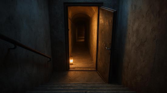 Entrada a un refugio subterráneo en penumbra iluminado por una luz cálida, evocando un búnker reabierto en Roma.