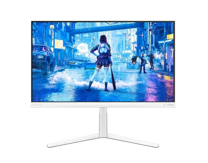 飞利浦发布 27M2N5201P 游戏显示器:原生 240Hz 高刷、1ms 响应 A Philips gaming monitor displays a cyberpunk-themed video game with a character in a futuristic city holding a weapon and wearing thigh-high boots.