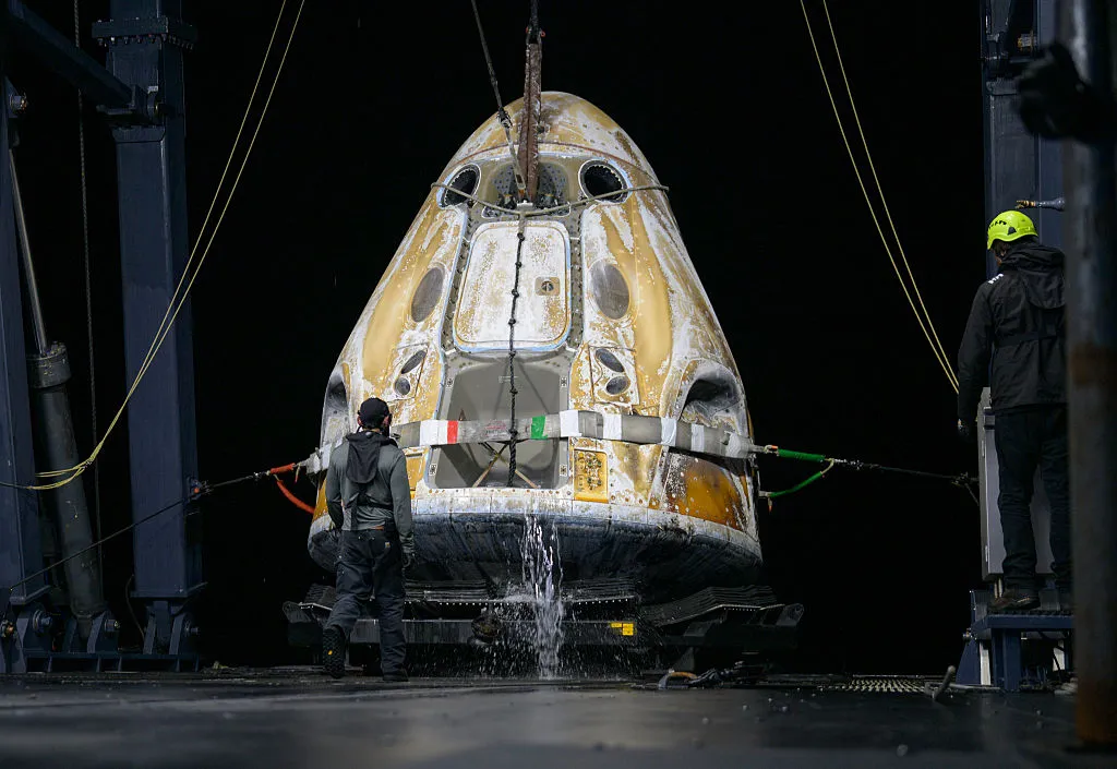 CALIFORNIA UNITED STATES JANUARY 15 Support teams onboard the SpaceX recovery ship SHANNON work around the SpaceX...