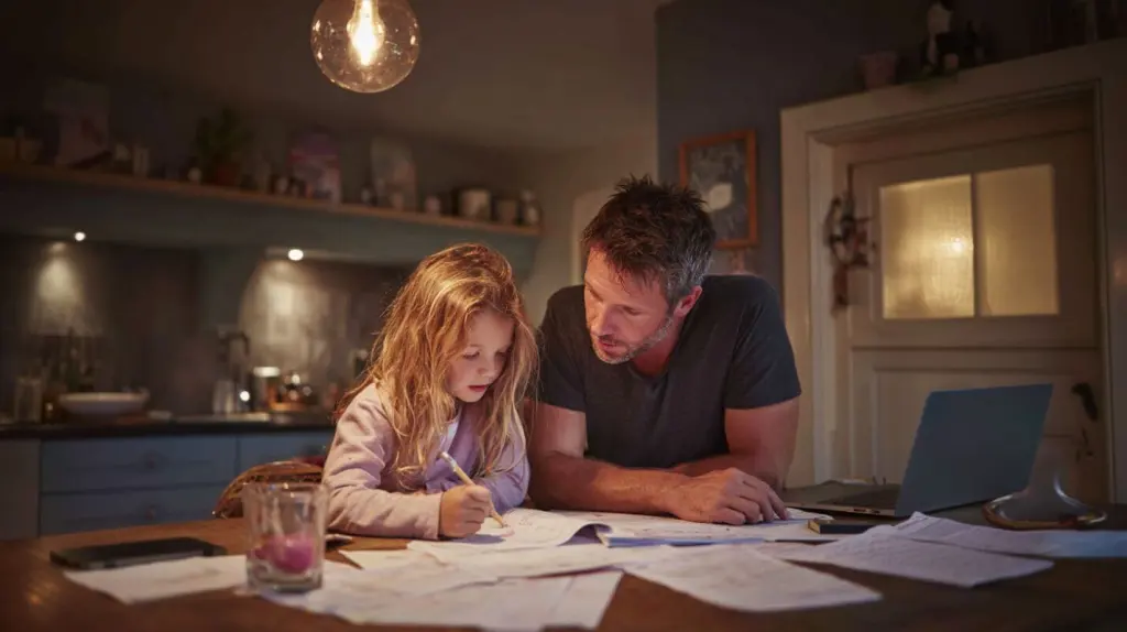 Padre haciendo los deberes con su hija