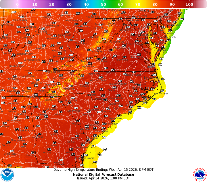 Chart of the mid-Atlantic. Highs are in the 90s F