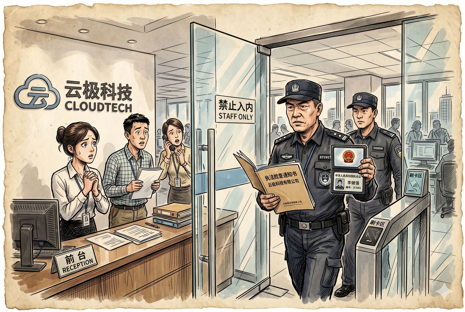 执法人员进入大型互联网公司前台调查的瞬间,门禁玻璃门半开,文件夹与执法证清晰可见,企业员工神情紧张,现场气氛凝固,羊皮纸,钢笔彩色手绘的统一风格。