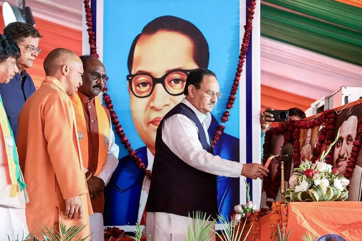 BJP leader J.P. Nadda and Uttar Pradesh Chief Minister Adityanath at a “Scheduled Caste Mahasammelan” organised by the party as part of its Dalit outreach, in Agra on March 7, 2024. BJP leader J.P. Nadda and Uttar Pradesh Chief Minister Adityanath at a “Scheduled Caste Mahasammelan” organised by the party as part of its Dalit outreach, in Agra on March 7, 2024.