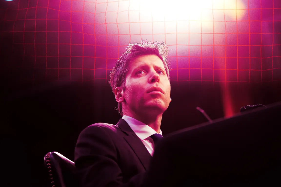 OpenAI CEO Sam Altman is seated, looking slightly upward with a serious expression. The background features a red grid pattern illuminated by pink and purple lighting, creating a dramatic and intense atmosphere.