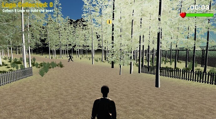 3D forest game scene where the player character and objects appear overly dark and flat due to poor lighting or missing shadows