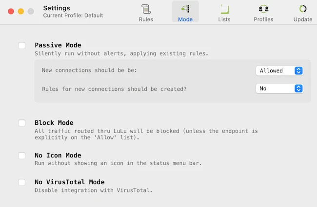 Mode tab LuLu macOS firewall