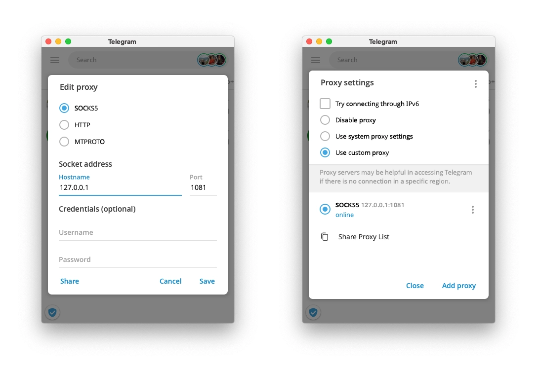 Если Telegram не подхватывает системный proxy, его нужно вручную направить на локальный SOCKS5 V2RayXS Если Telegram не подхватывает системный proxy, его нужно вручную направить на локальный SOCKS5 V2RayXS