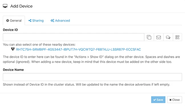 Adding device Syncthing private file synchronization