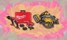 Milwaukee and DeWalt cordless tools on an orange background