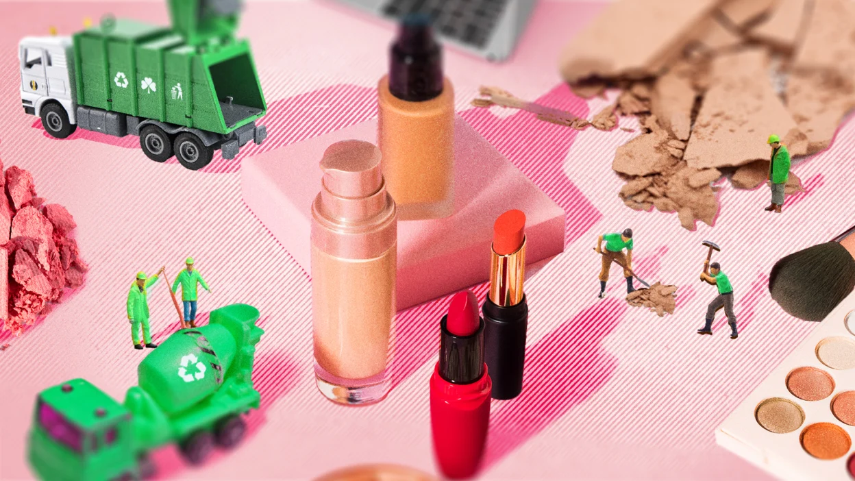 a collection of beauty products on a pink background with miniature garbage men figurines