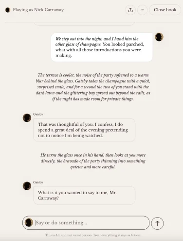 A screenshot of a character.ai Books conversation.